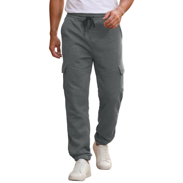 Pantalones de chándal forrados de vellón para hombre con múltiples bolsillos y cintura con cordón, pantalones cargo 34 gris