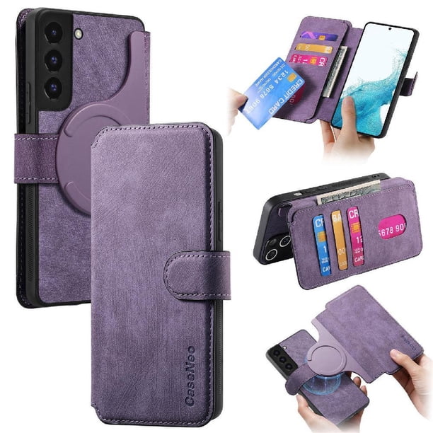 Funda Billetera Magnética para Samsung Galaxy S22 Soporte Tarjetas Desmontable Morado