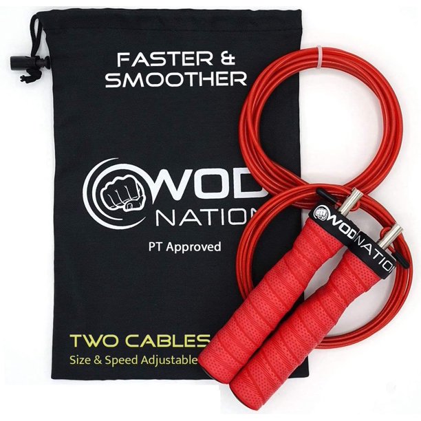 Cuerda para saltar de velocidad WOD Nation, cable ajustable de 11 pies, roja, de acero