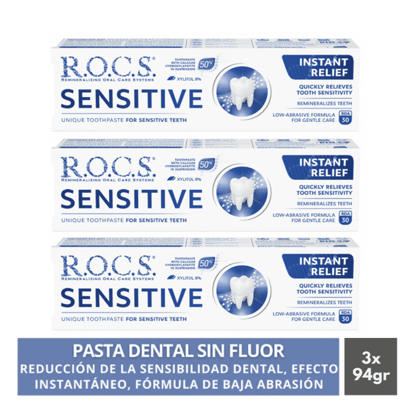 Pack 3 Pasta Dental Rocs Sensitive Efecto Instantáneo 94g Sin Fluor