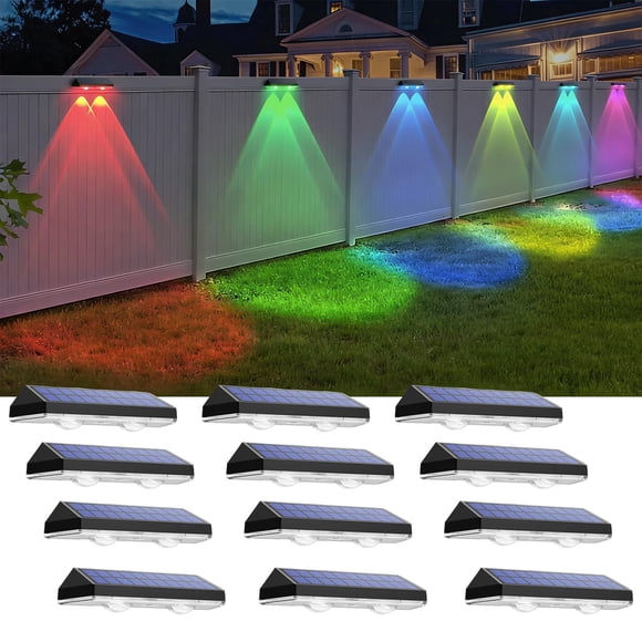 Luces solares para cerca LIANGLOME, blanco cálido y RGB de 6 colores (paquete de 12)
