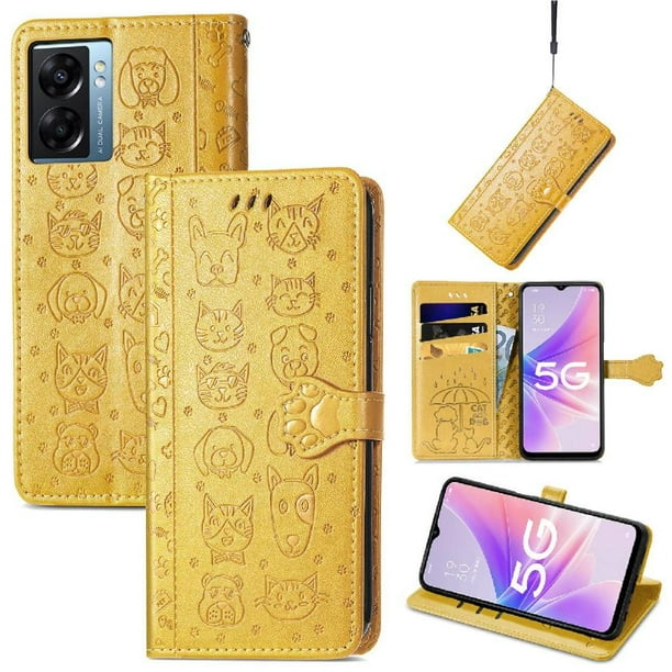 Funda Cartera FOXDOCK para OPPO A57 5G , Flip PU con Relieve de Gatos y Perros, Tarjetero y Soporte