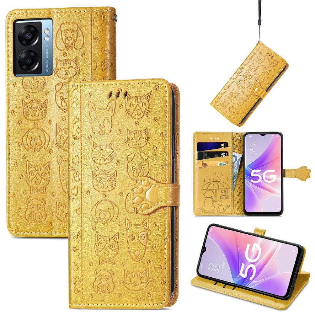 Funda Cartera Foxdock Para Oppo A57 5G , Flip Pu Con Relieve De Gatos Y Perros, Tarjetero Y Soporte
