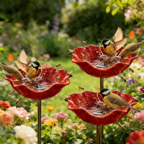 Estaca jardín flor metal hecha mano baño pájaros estación agua polinizadores exterior