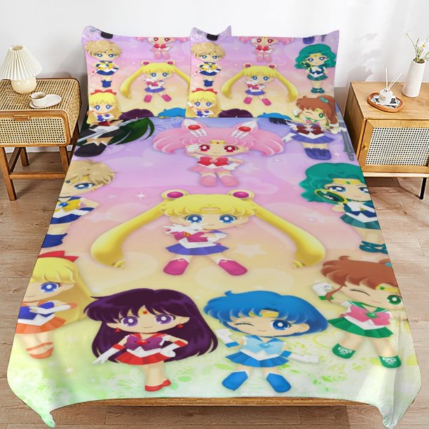 Sailor Moon Bedding Sets Ultra Soft Skin-Friendly Duvet Cover 3 Piece, Cute Comforter Cover Bed Set for Boys Girls Kids