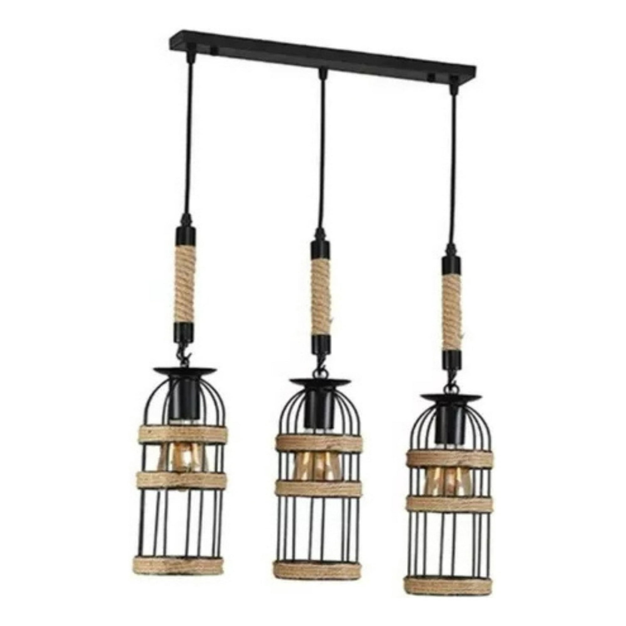 Genérico - Lámpara Colgante Madera Metal Triple Jaula 3 Focos Jhn