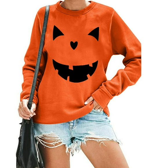 Polera Manga Larga con Cara de Calabaza para Mujer, Jersey Casual Ligero KimSoong (Talla S)
