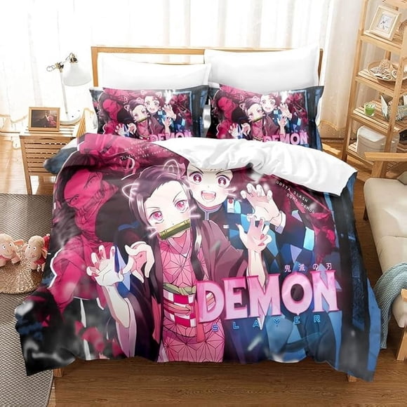 Anime- Demo-n Beddin-g Set-s Twin Full Q-u King Siz-e Bed D-uvet Cover Set white-h Pillowcases fo-r Bedroom Decoration-