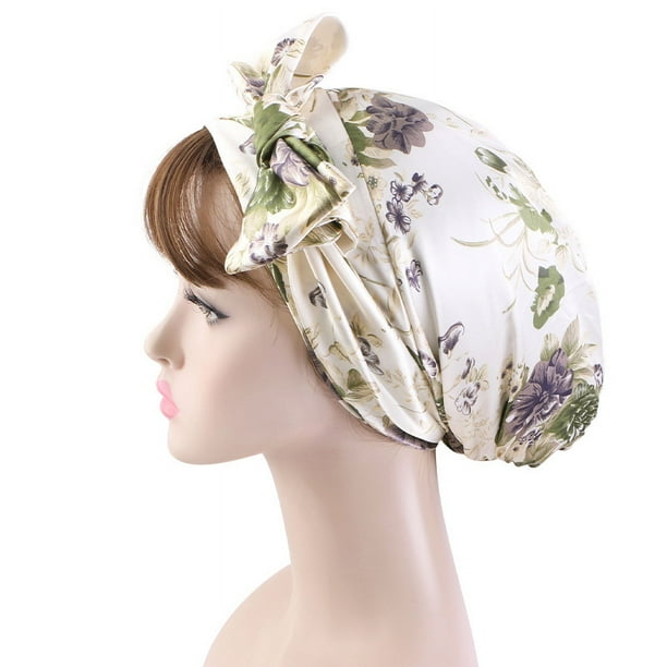 Bow Flower Print Bandanas Hair Styling Caps Women's Night Sleep Shower Cap Adjustable Ladies Long Hair Care Bonnet