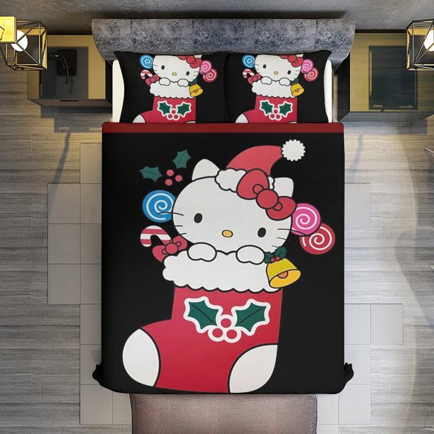 Hello Kitty Christmas Stockings 3 Pieces Duvet Cover Set Full Size Super Soft Fade Resistant Microfiber