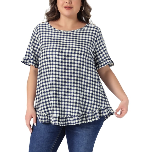 Agnes Orinda Blusas de Cuadros Casual de Talla Grande para Mujer, Estilo Universitario, Cuello Redondo, Mangas con Volantes, Botones en la Espalda, 1950s, 2X Azul Marino