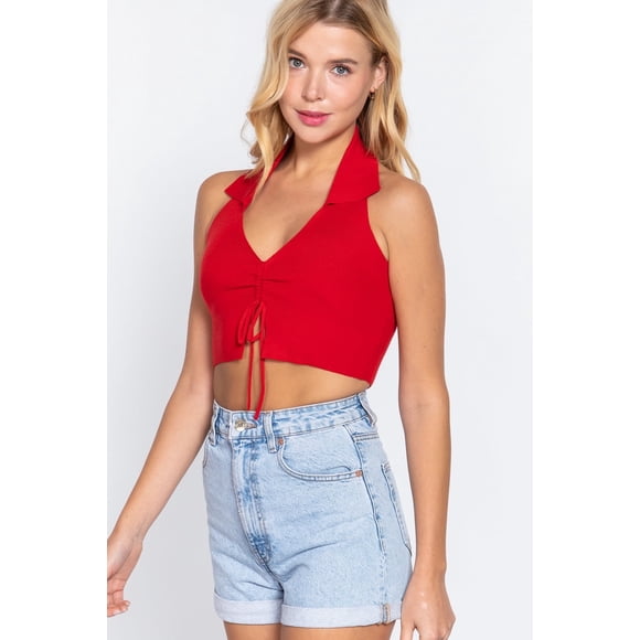 Suéter de Punto Corto con Cuello Halter Fruncido, Rojo Brillante, Talla S
