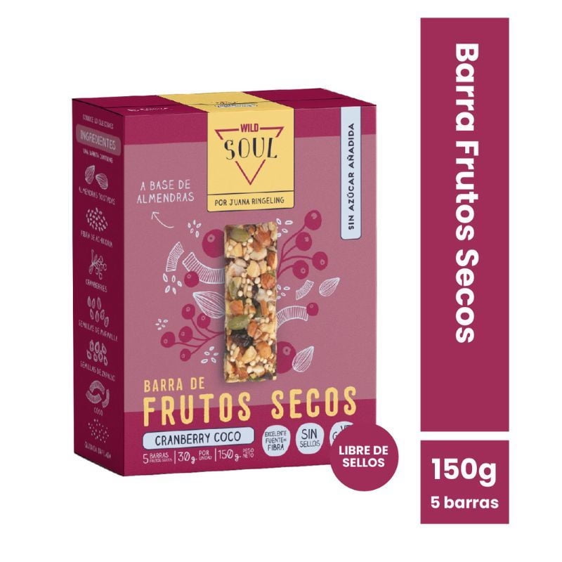 Barra Frutos Secos Cranberry Coco 5 Un 150 g Wild Soul