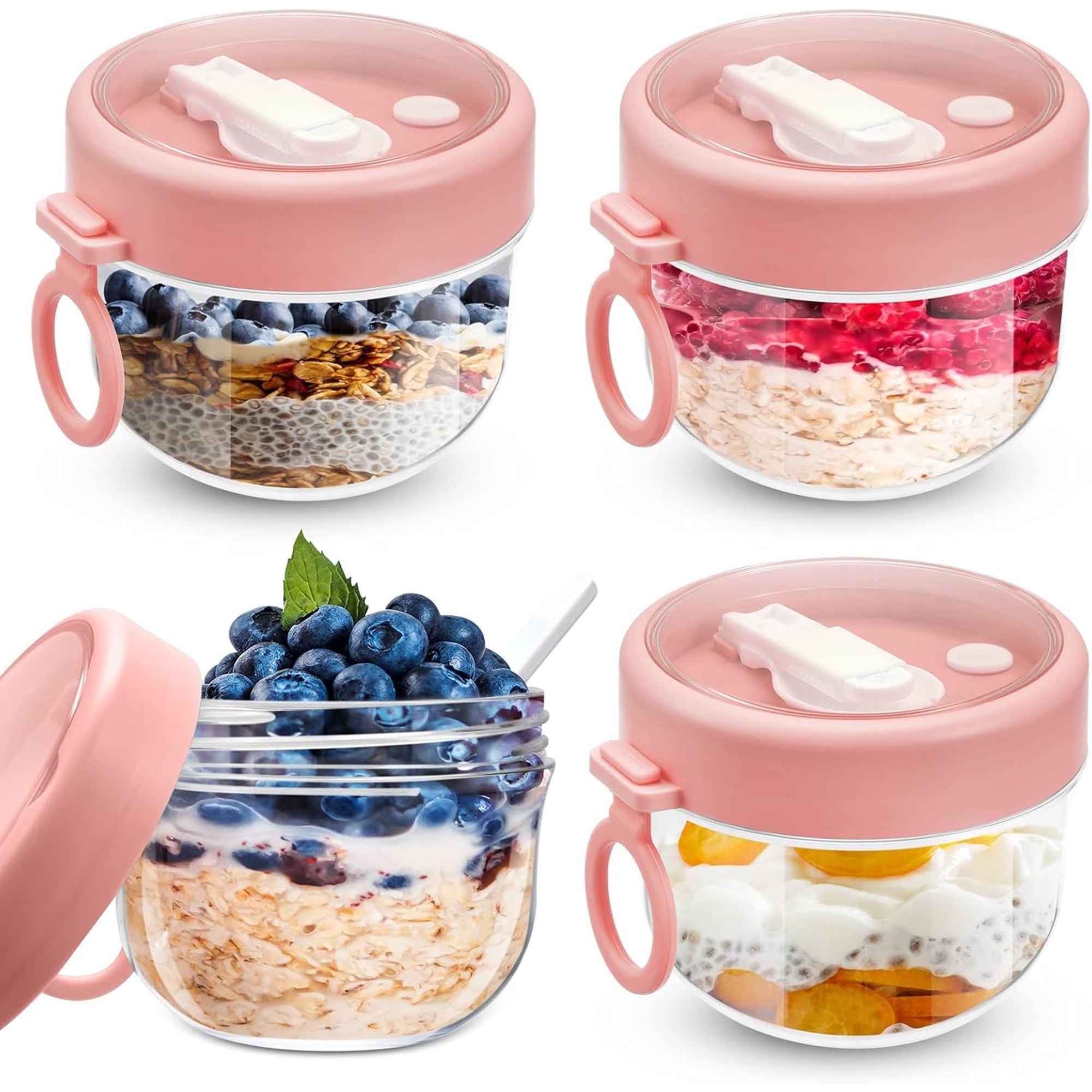 Xusx111 - Contenedor De 4 Piezas De Avena Durante La Noche Con Tapas Y Cucharas, Recipiente De Yogur Hermético De Gran Capacidad De 20 Onzas De Plástico Para El Almacenamiento De Leche, Frutas, Cereal