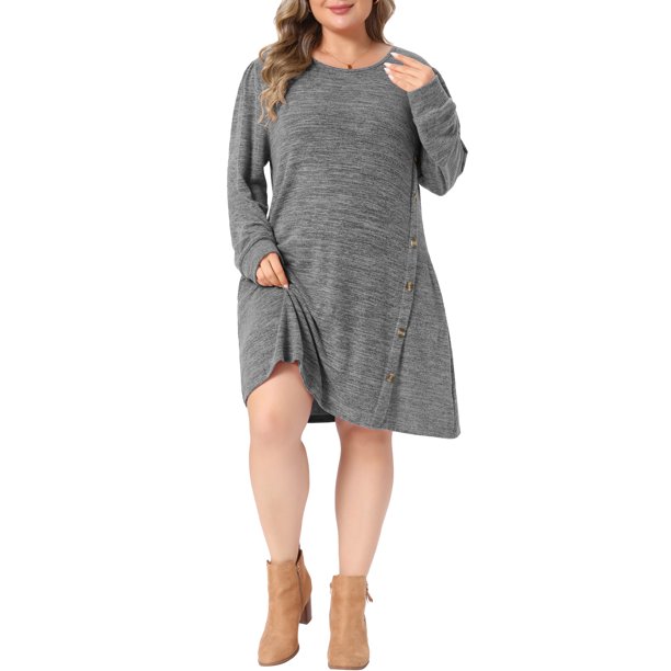 Vestido de Punto para Mujer de Talla Grande Agnes Orinda Cuello Redondo Manga Larga Decoración de Botón Casual Otoño Invierno Túnica Mini Vestidos con Bolsillos 4X Gris