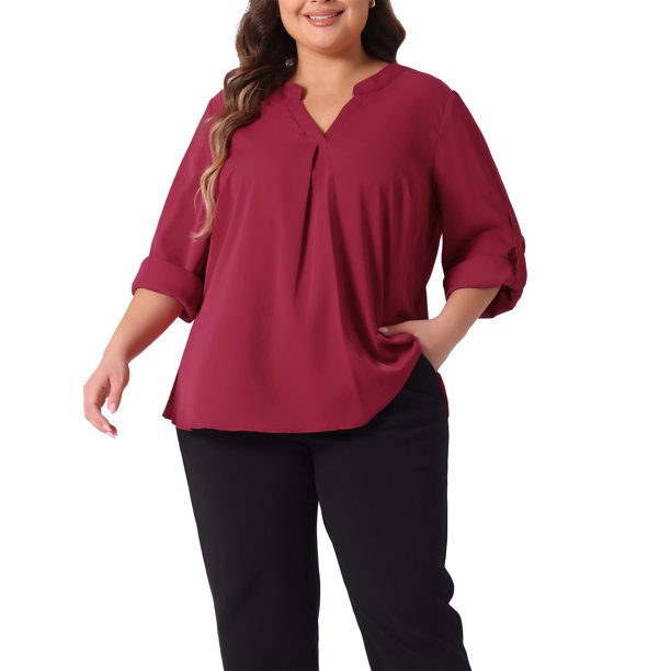 Agnes Orinda Blusa de Chifón para Mujer Talla Grande Cuello en V Mangas Largas Arremangadas Camisas con Pliegues en la Espalda Blusas Casuales Talla 3X Burdeos
