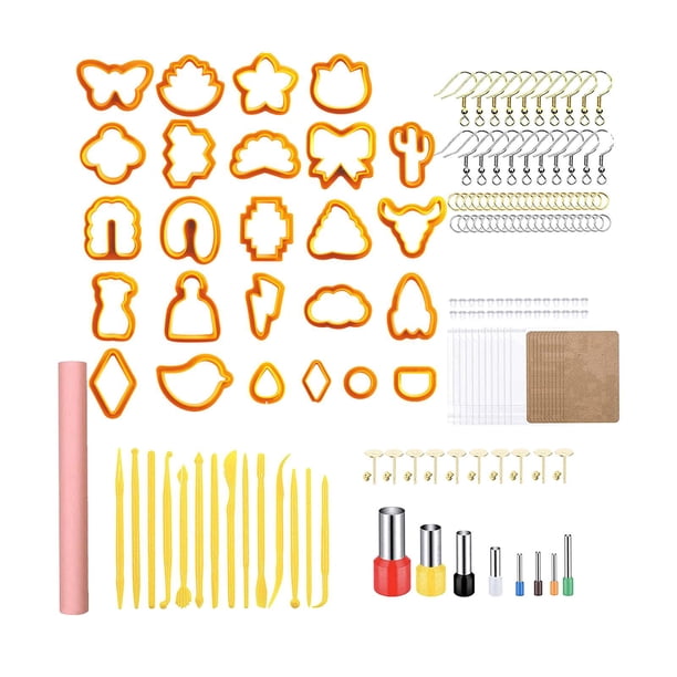 158 Uds. de arcilla polimérica con tarjetas para pendientes, 30 partes traseras de pendientes, Kit de fabricación de pendientes con rodillo de arcilla Naranja