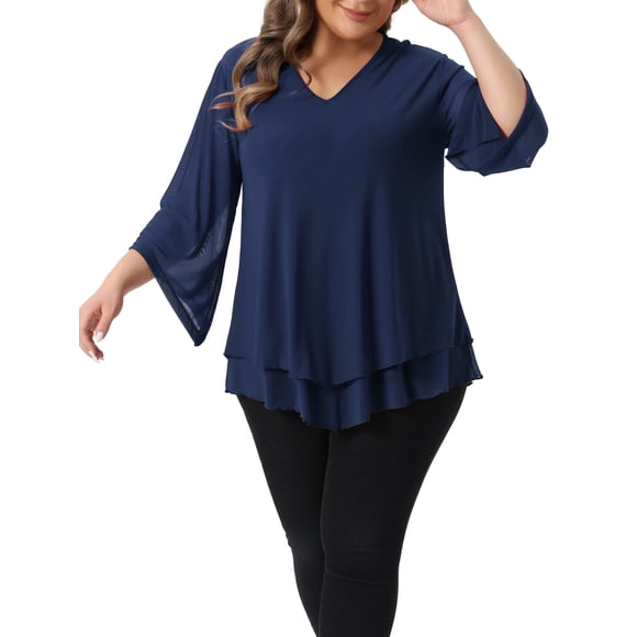 Agnes Orinda Ropa de Halloween de Talla Grande Camisa Escolar Universitaria para Mujeres Manga 3/4 Acampanada Cuello en V Doble Capa Blusa de Gasa 1X Azul Marino