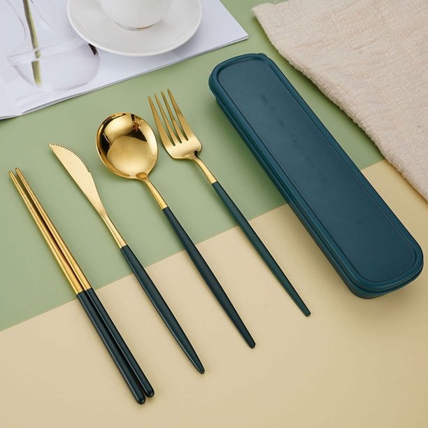 5pcs/set, Cutlery, Coffee Spoon, Salad Fork, Steak Knife, Milk Spoon, Salad Fork, Meal Knife, Portable Chopsticks, Washable Dessert Spoon, Stainless Steel Flatware With Storage Box, Tableware For Rest