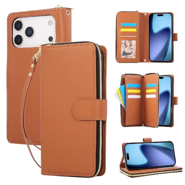 Funda Cartera con Cremallera y Correa para iPhone 17 Pro Max Soporte y Tarjetero Marrón