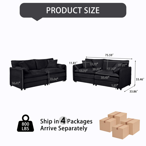 M&Ms - (Old W3163S00036) Oversized Deep Seat Luxury 2 Piece Sofa Set, 2 Pieces Of Loveseat Sofa, Modern Chenille Comfy Cloud Couches Set For Living Room Office With 4 Pillows,Diy Combination,Black