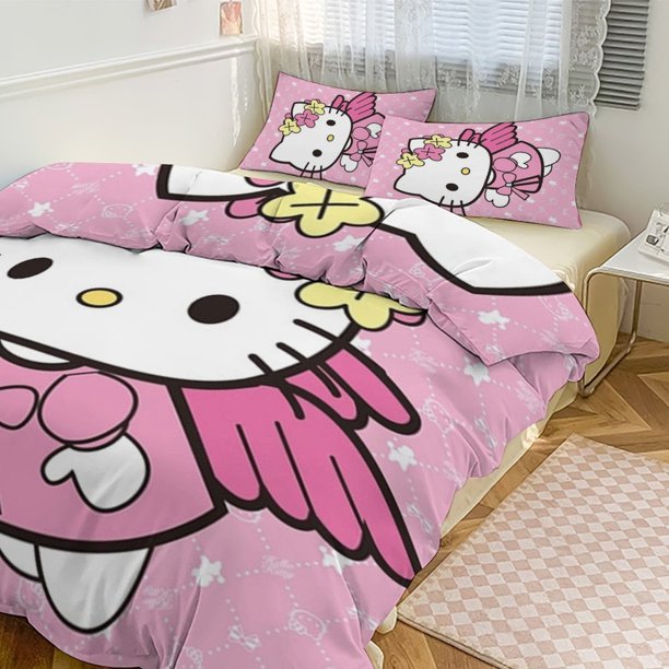Hello Kitty Happy Comforter Set with Sheets - 3 Piece Bedding Includes Pillow Covers - Super Soft Bedding Room Decor Twin