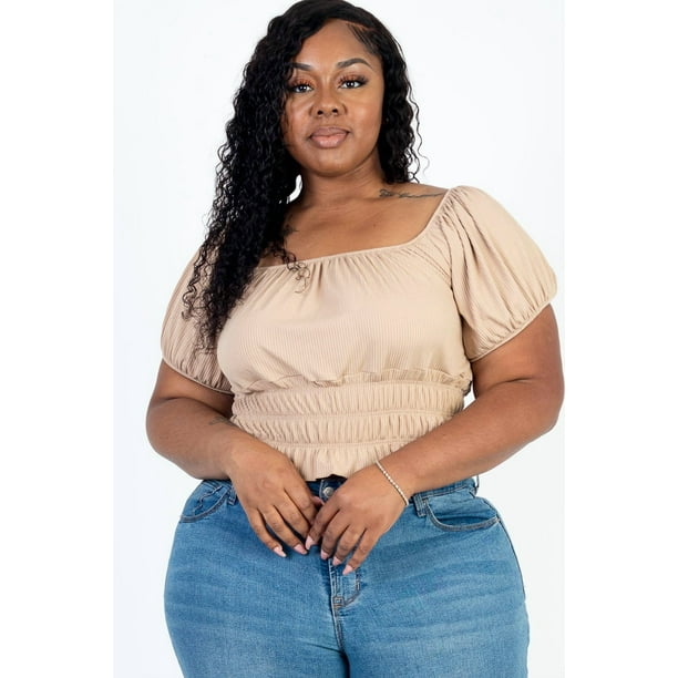 Top Liso De Punto Acanalado Con Mangas Abullonadas Fruncidas Casuales En Talla Grande
