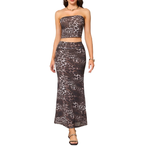 INSPIRE CHIC Conjunto de dos piezas de verano para mujer con estampado de leopardo, top corto sin tirantes y faldas ajustadas para vacaciones Marrón XS