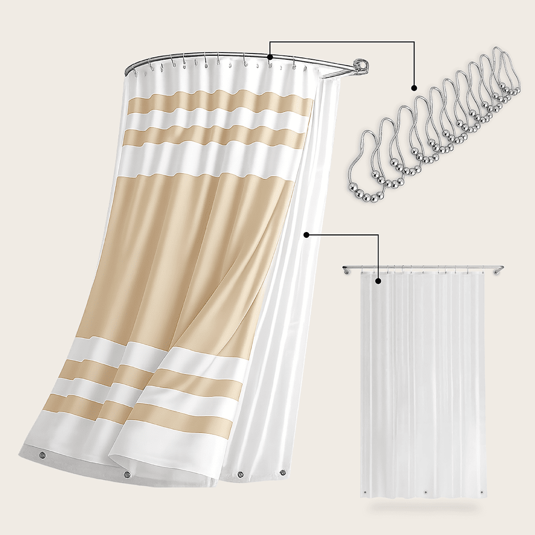 Aura Zeus - Cortina De Baño Tela + Forro + 12 Ganchos Premium 180 X 180 Cm Beige Raya Juego Larga Az
