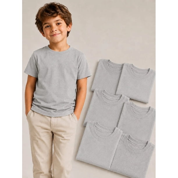 Pack 6 Poleras De Niños Cuello 100% Algodon Cuello Redondo Gris 10 Lisa