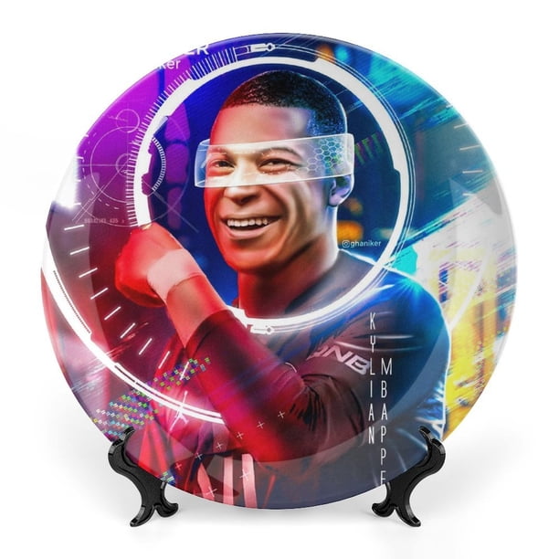 Kylian Mbappé Plato decorativo de porcelana fina (bone china), plato decorativo de cerámica para hogar, oficina, soporte de pared, platos decorativos para dormitorio 25 cm