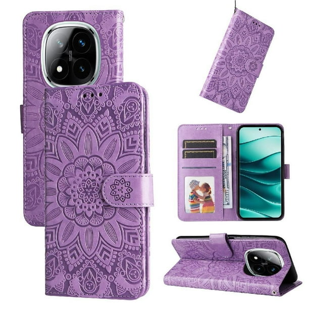 Funda tipo cartera FOXDOCK para Xiaomi Redmi Note 14 Pro 5G , diseño girasol en relieve, cuero PU, cierre magnético, soporte y tarjetero