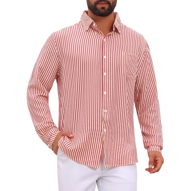 INSPIRE CHIC Camisa de Hombre Casual de Manga Larga de Seersucker a Rayas con Bolsillo en el Pecho S Rojo