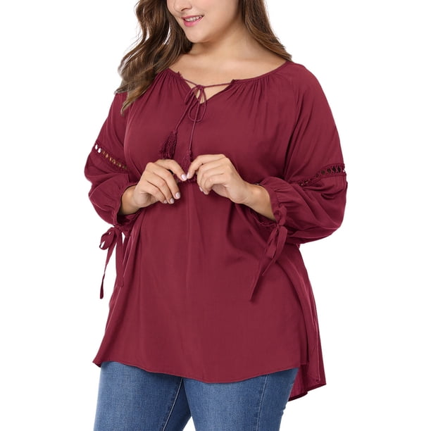 Agnes Orinda Blusa de Mujer Talla Grande para el Día de San Valentín con Mangas 3/4, Cuello con Lazo, Diseño Hueco, Estilo Campesino para Primavera y Otoño, Talla 2X, Color Burdeos