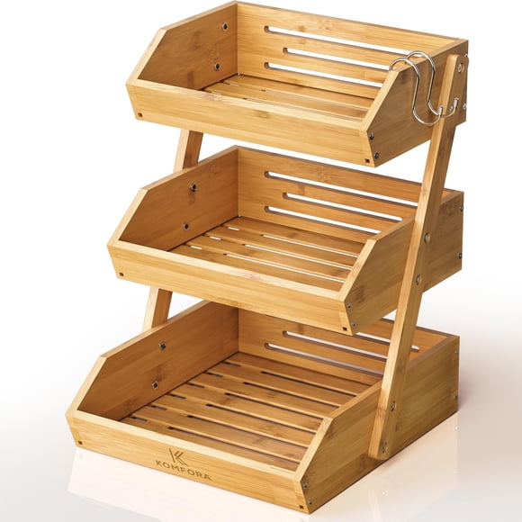Cesta de frutas KOMFORA de bambú de 3 niveles con 2 perchas para cocina