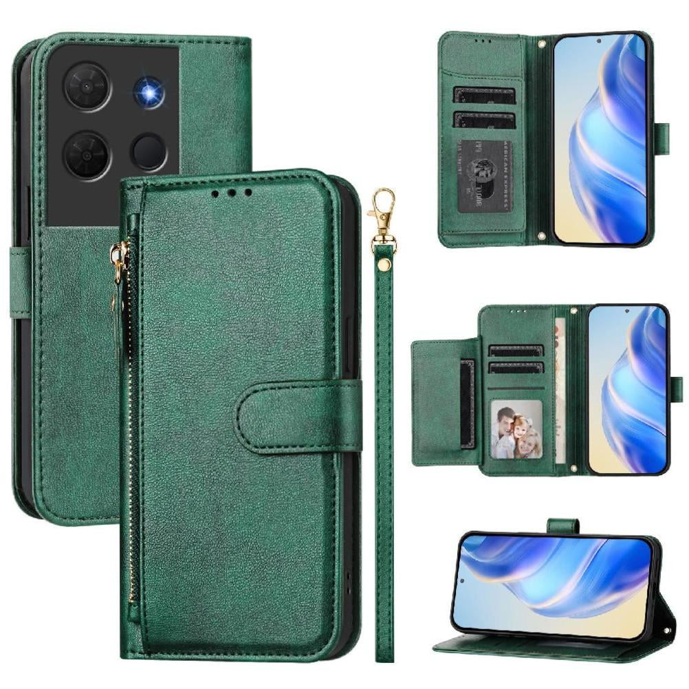 Foxdock - Funda Tipo Billetera Para Tcl 503 Con Cremallera Portatarjetas Soporte Correa De Muñeca Cuero Verde