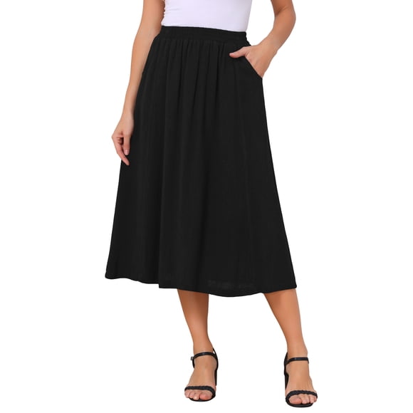 INSPIRE CHIC Falda de Lino para Mujer Verano Casual Flowy Swing Elástica de Cintura Alta A-Line Boho Midi con Bolsillos S Negro