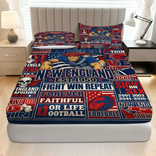New England Football Patriotic Fitted Sheet Set Coreless, Sports Theme, American Football Bedding, Soft and Breathable Polyester, All-season Use