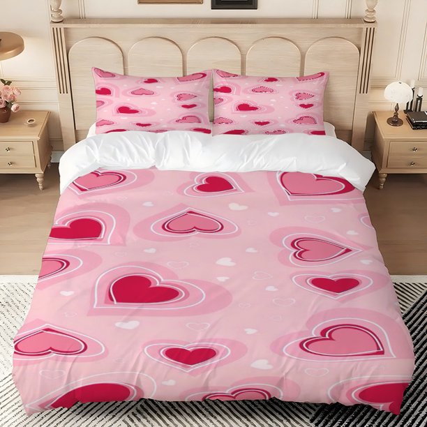 Pink Heart Wallpaper Print Bedding Set 100% Polyester Soft Skin-Friendly