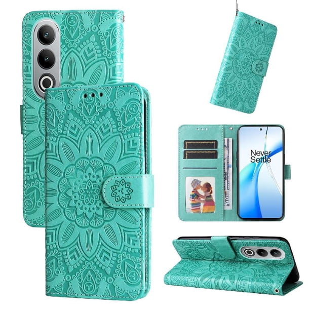 Funda tipo cartera FOXDOCK para OnePlus Nord CE 4 , diseño girasol en relieve, cuero PU, cierre magnético, soporte y tarjetero