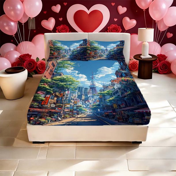 Tokyo Tower Street View Printed Bed Fitted Sheet Pattern Printed Bed Fitted Sheet a Must-Have for Family Guest Rooms Deep Pockets Are Stable And Do Not Shift So
