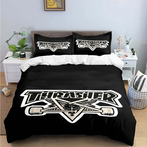 v2200 Bed Sheets Fashion Cool T-Thrasher Logo Print Bedding Sets Exquisite Bed Supplies Set Duvet Cover Bed Comforter Set Bedding Set Luxury Gift 3-Piece Bedding Set (1 Duvet Cover + 2 Pillow Shams) B