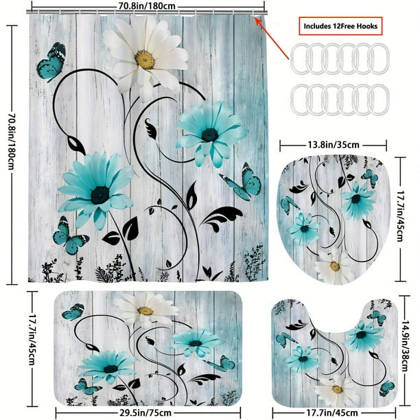 1pc/4pcs Non-Slip Bathroom Rugs and Shower Curtain Set with Flower and Butterfly Pattern and 12 Hooks - U Shaped Toilet Mat and Toilet Cover - Home Decor and Bathroom Accessories