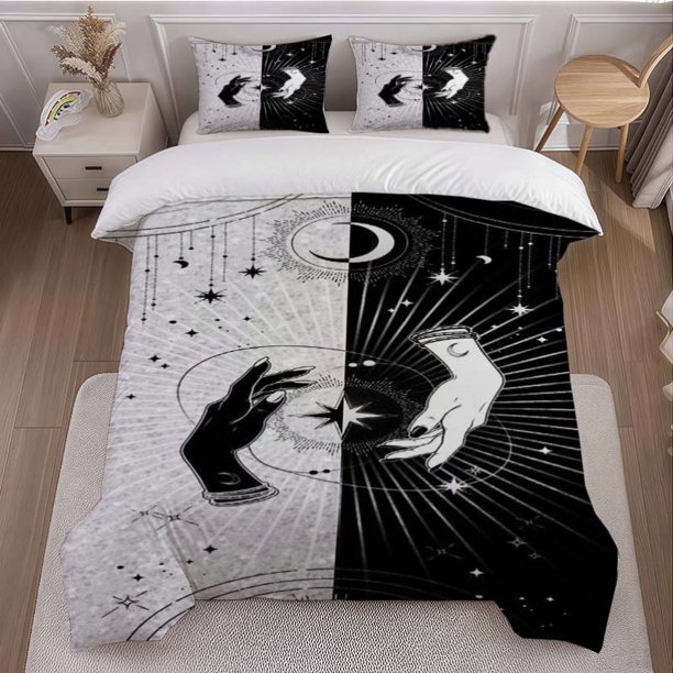 3pcs Black And White Mysterious Illustration Themed Bedding Set (Duvet Cover And Pillowcase Set). Soft And Comfortable Suitable for All Seasons
