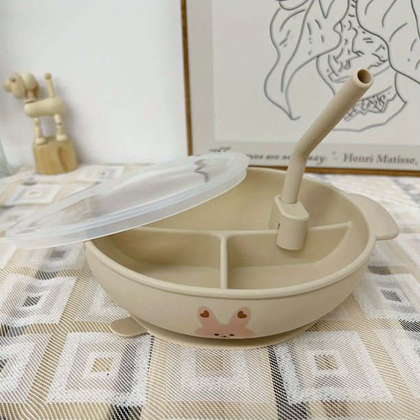 Baby Silicone Complementary Food Meal Bowl, Food Grade Suction Cup Bowl, Non-slip Baby Portable Dinner Plate, Anti-fall With Cover, Cute Divided Plate