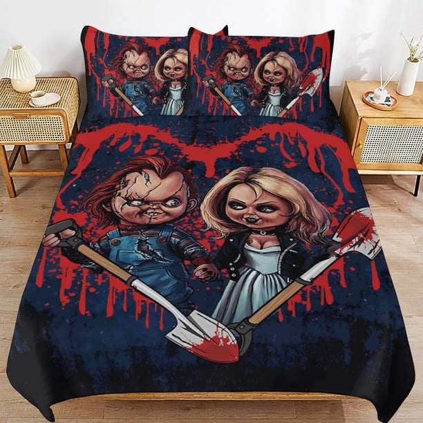 Bride of Chucky And Tiffany Bedding Set Duvet Cover Comfortable and Lightweight Cartoon Bedding 3 Piece Bed Set