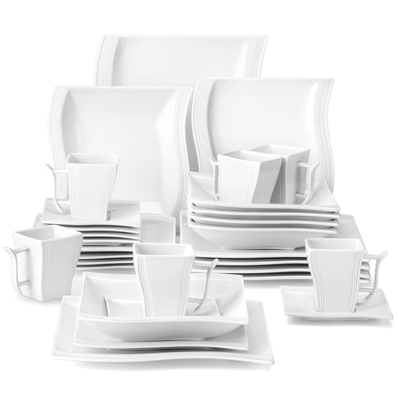 Juego de vajilla MALACASA, color blanco marfil, 30 piezas, porcelana Flora