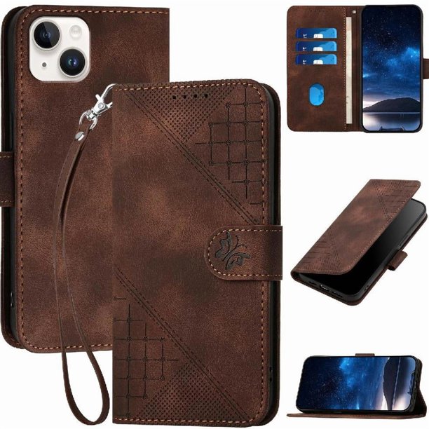 Funda Flip Premium Fibra de Carbono para iPhone 14 Plus con Soporte y Cierre Marrón