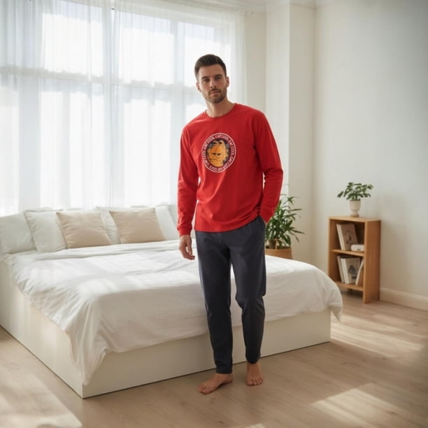 Pijama Hombre Algodón Estampado Garfield rojo M