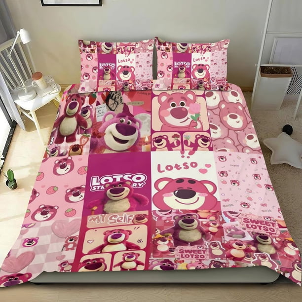 Oso de Fresa Lotso Conjunto de sábanas temático, trío de piezas, cómodo y amigable con la piel, diseño único, regalo de decoración para el hogar para familiares, amigos y fans,135cm *200cm